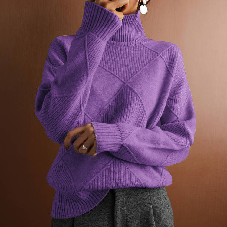 Womens Solid Color High Neck Diamond Pattern Loose Knitwear Sweater