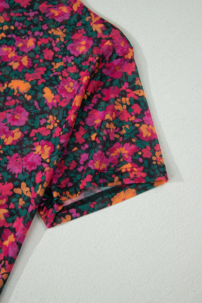 Roze Plus Size Bloemen Mesh Top met Korte Mouwen en Hoge Hals