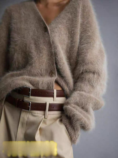 Women's Imitation Mink Fur V-Neck Long Sleeve Knit Cardigan Sweater