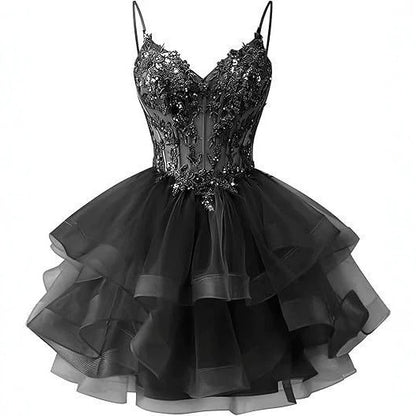 Spaghetti Strap Beaded Sequined Puffy Evening Dress