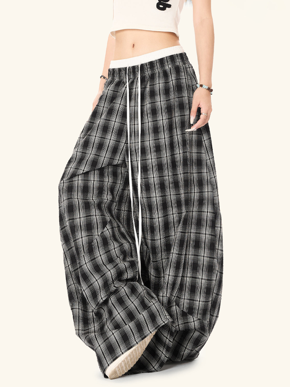 Black White Plaid High Waist Straight Leg Pants