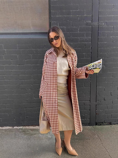 French Retro Plaid Lapel Trench Coat