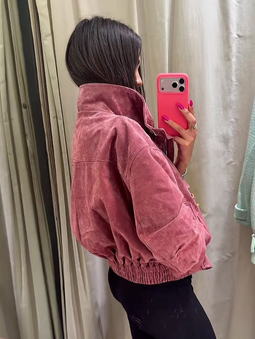 Women's Solid Stand Collar Zipper Non-Iron Bomber Jacket