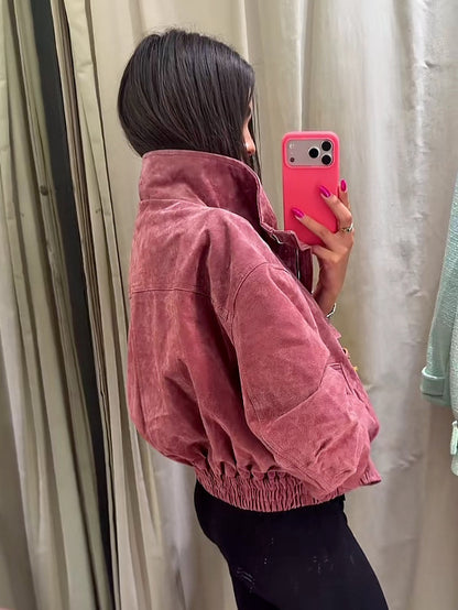 Women's Solid Stand Collar Zipper Non-Iron Bomber Jacket