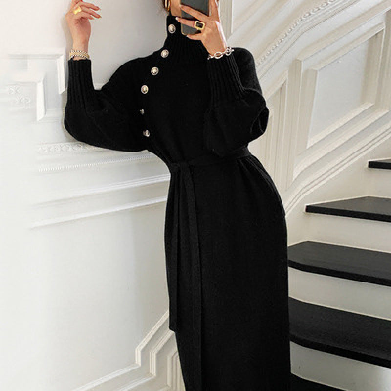 Retro Dress High Collar Knitted Waist-Cinching