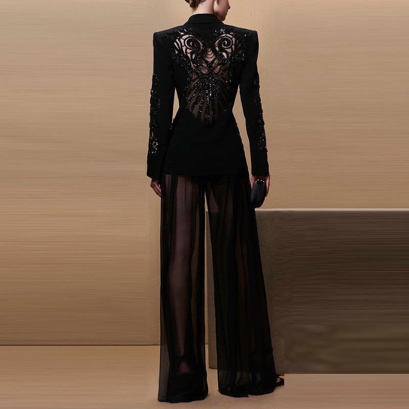 Fashion Mesh Stitching Heavy Industry Beaded Suit Jacket Chiffon Trousers