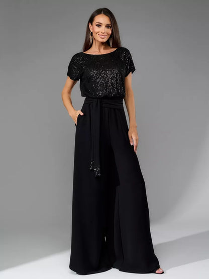 Europese eendelige pailletten korte mouwen jumpsuit