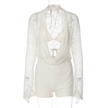 Womens Lace Long Sleeve Jumpsuit with Lingerie
