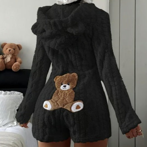 Womens Casual Plush Hooded Jumpsuit