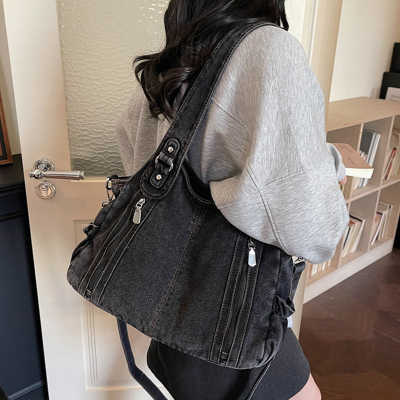 Retro denim large capacity zipper tote bag