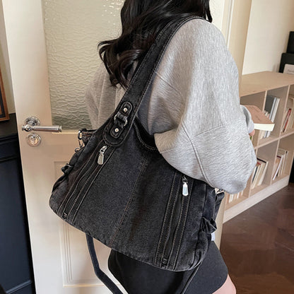 Retro denim large capacity zipper tote bag