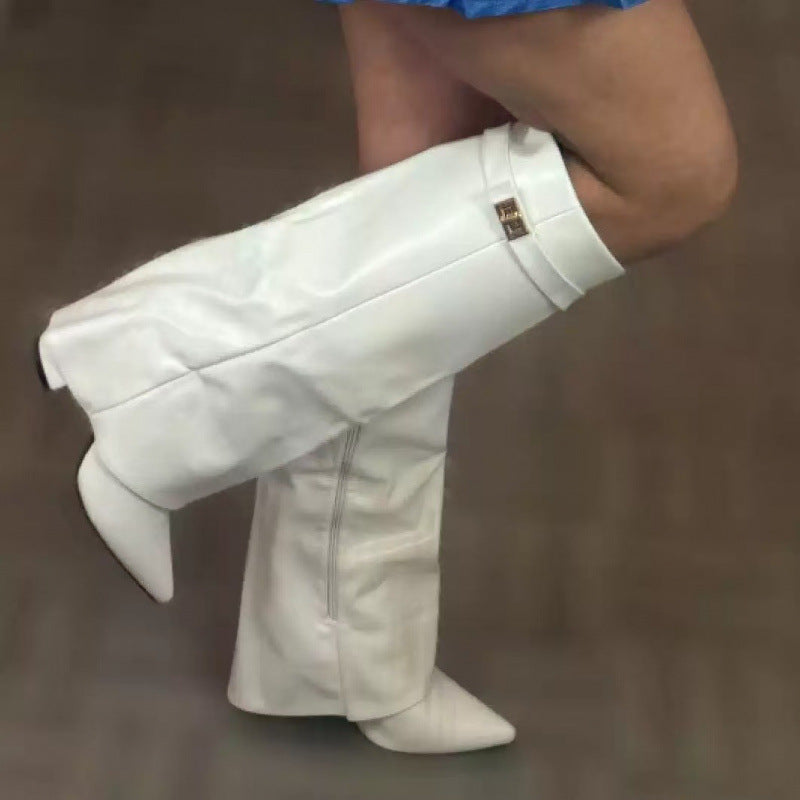 Metal Buckle Medium Long Boots Plus Size Thick Heel Pants Boots Women's Boots