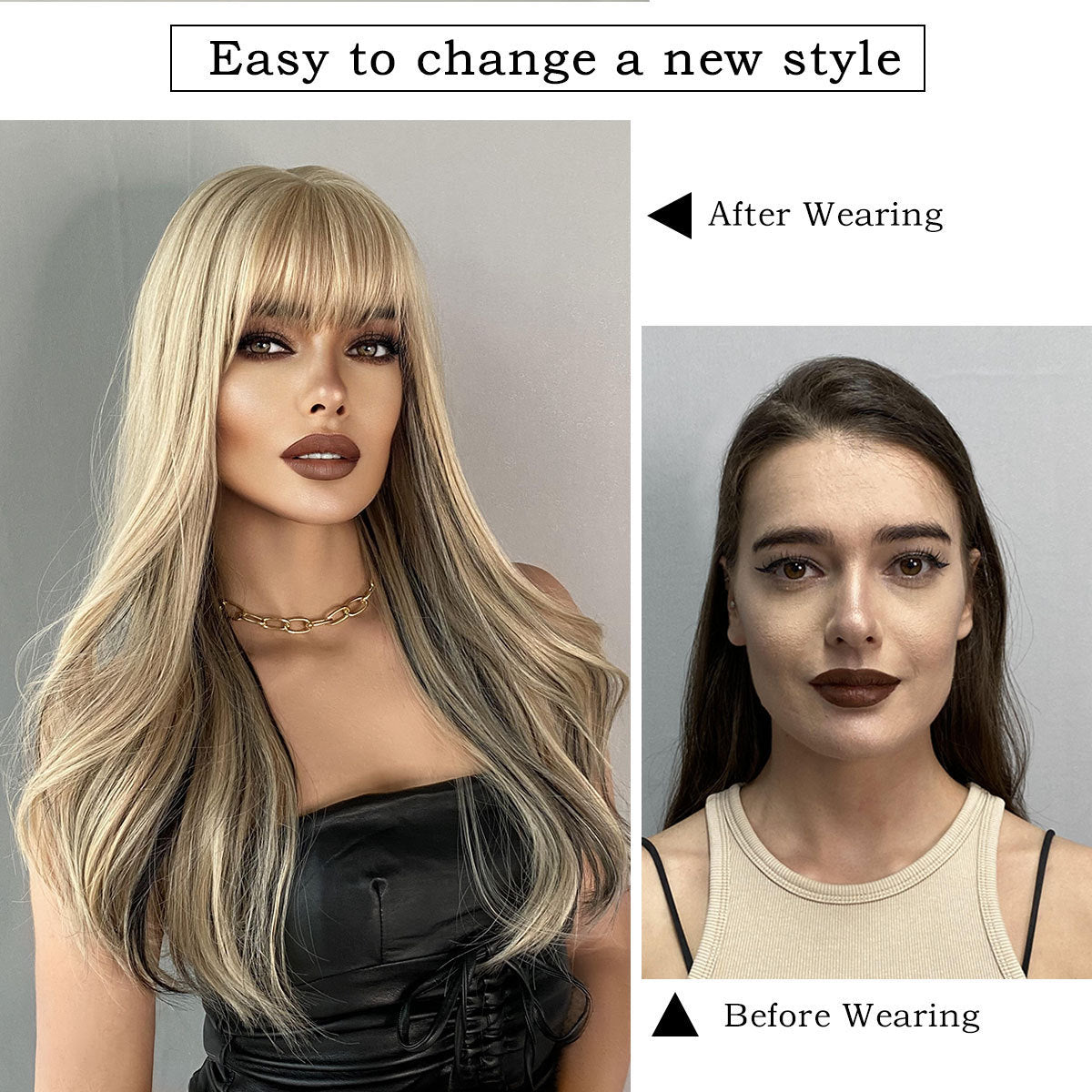 Lange golvende zwarte blonde highlights synthetische gemengde pruik