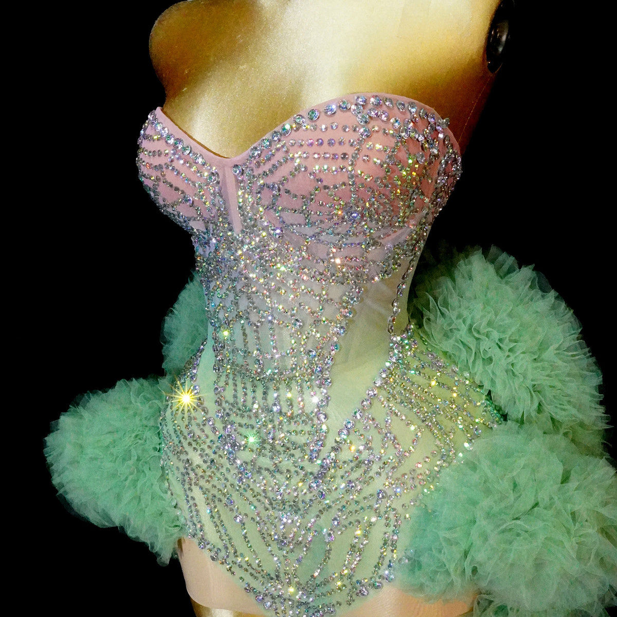 Gradient Rhinestone Strapless Puffy Dress