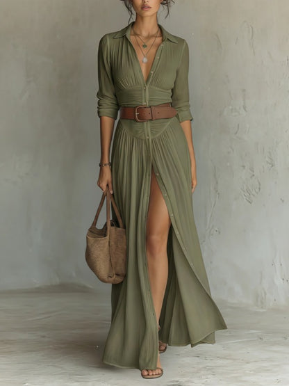 Womens V-Neck Belted Shirt Dress