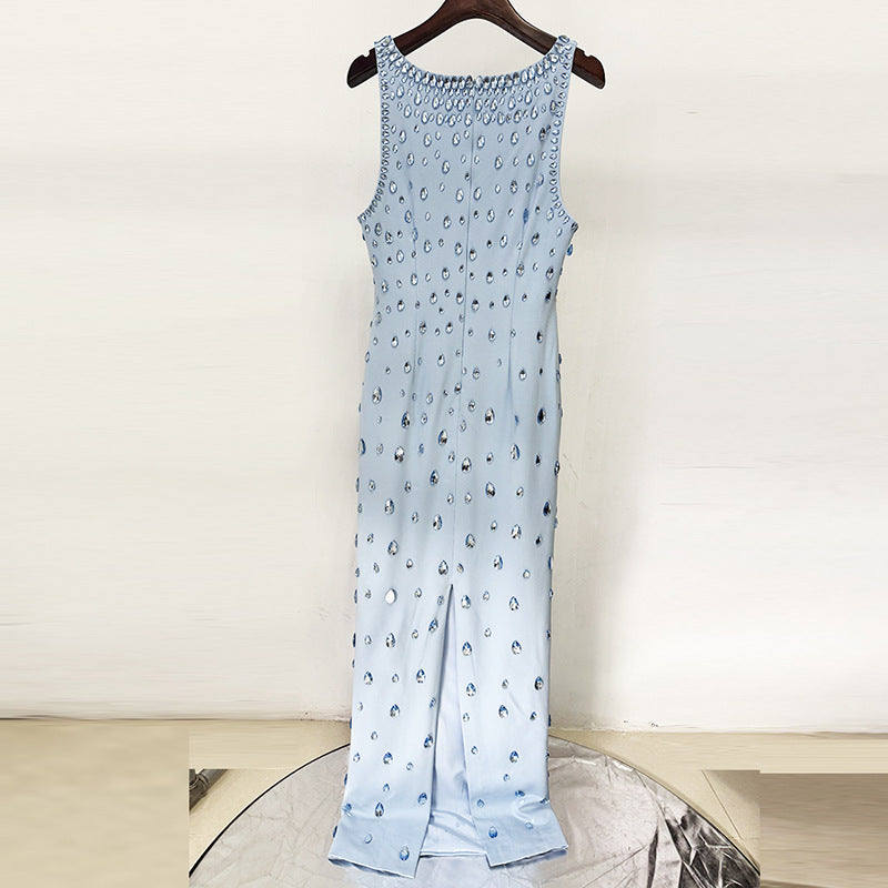Women?s Hand-Stitched Rhinestone Beaded Sleeveless Long Dress Gown