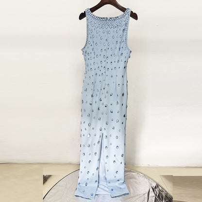Women?s Hand-Stitched Rhinestone Beaded Sleeveless Long Dress Gown