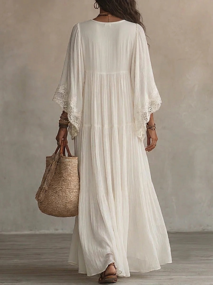 White Lace V-Neck Long Dress with Batwing Sleeves for Beach Holiday