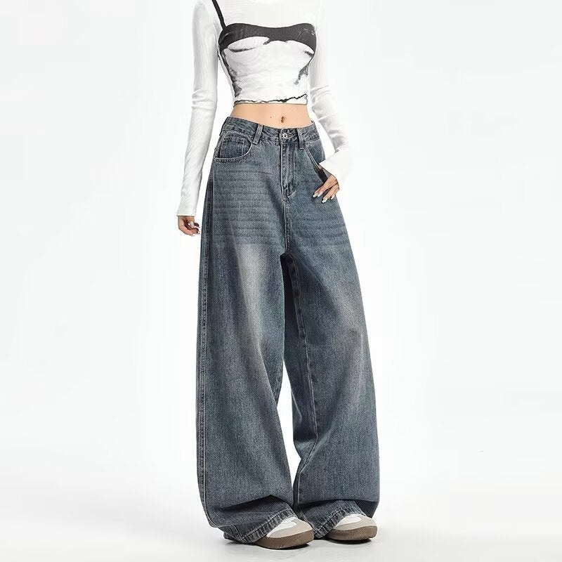 Womens High Waist Wide Leg Denim Trousers