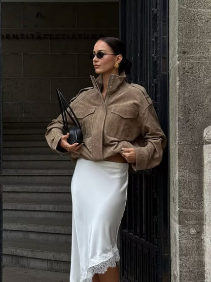 Women's Stand Collar Suede Texture Jacket