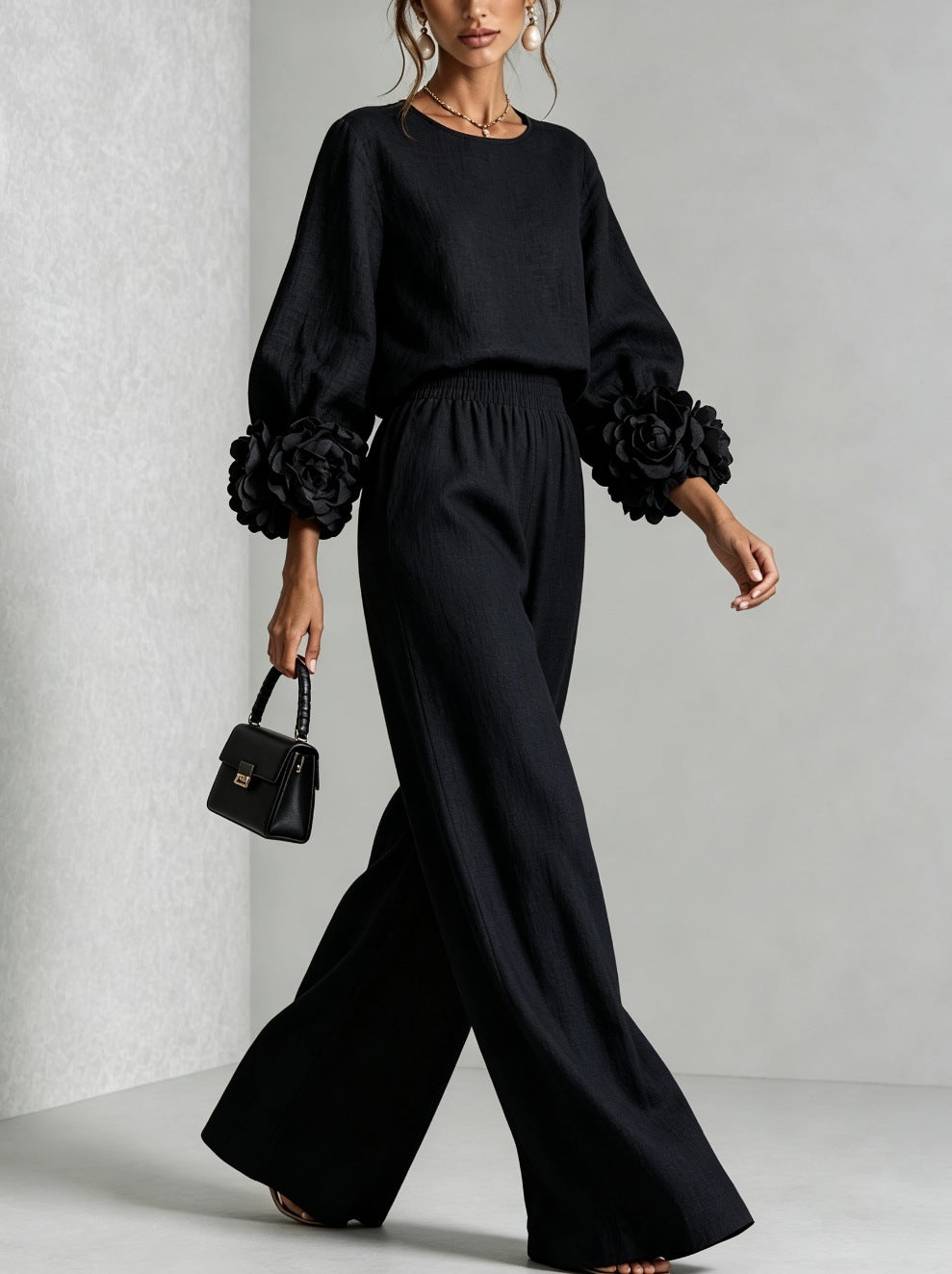 Women's Two-Piece Set Lantern Sleeve Top and Wide-Leg Pants Casual Loose Suit