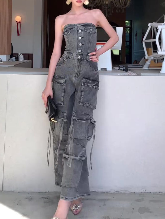 Denim Tube Top Enkelrijs Cargo Jumpsuit
