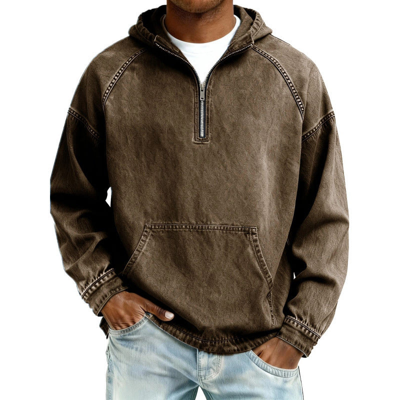 Mens Retro Half Zip Hooded Sweatshirt