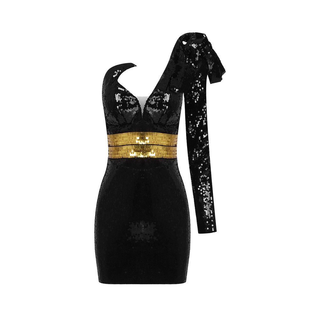 Dames one-shoulder pailletten jurk met lange mouwe V-hals en strik