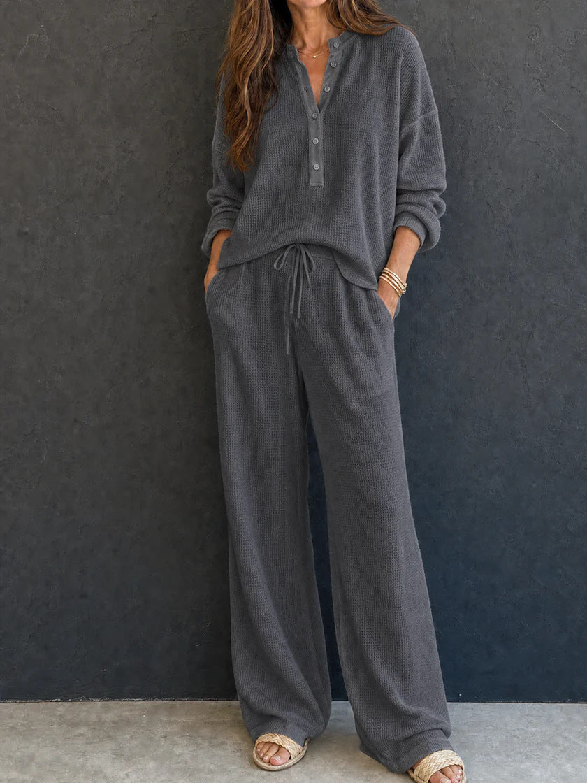 Women's Solid Color Knit Rib Top Straight Pants Set