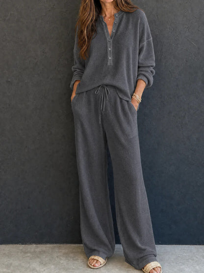 Women's Solid Color Knit Rib Top Straight Pants Set