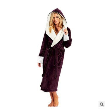 Long Hooded Bathrobe Nightgown with Belt