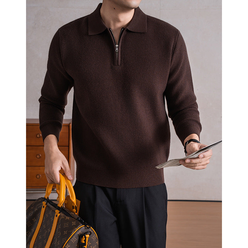 Men's Zippered Sheep Wool Blend Thickened Knit Sweater with Anti-Pilling Feature