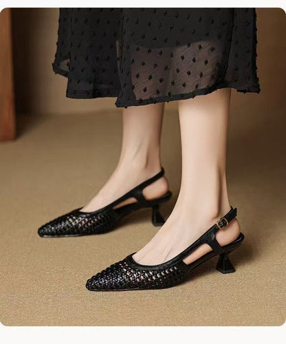 Super Leather French-style pointed-toe hollow-woven platform high heels