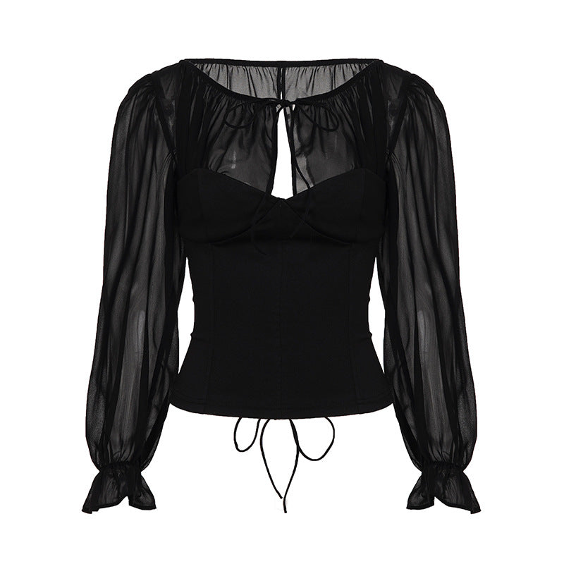 Dames top met lange mouwen van mesh  open rug met vetersluiting slim fit model