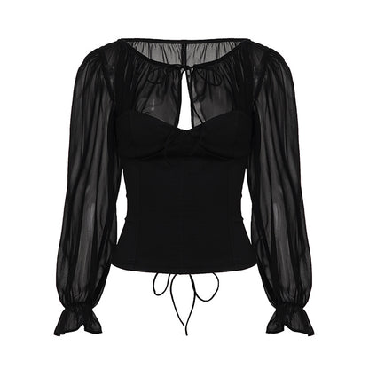 Dames top met lange mouwen van mesh  open rug met vetersluiting slim fit model