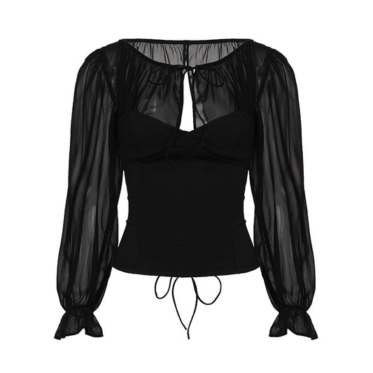 Dames top met lange mouwen van mesh  open rug met vetersluiting slim fit model
