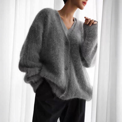 Women's Imitation Mink Fur V-Neck Long Sleeve Knit Cardigan Sweater
