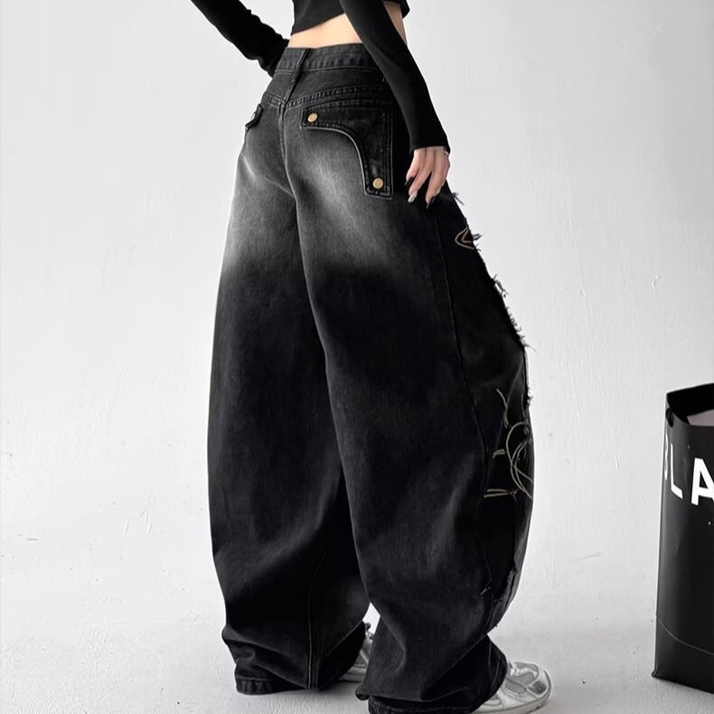 Retro Washed Embroidered Wide-Leg Jeans