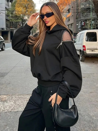 Niche Design Backless Hollow-Out Mesh Hoodie Loose Sweater