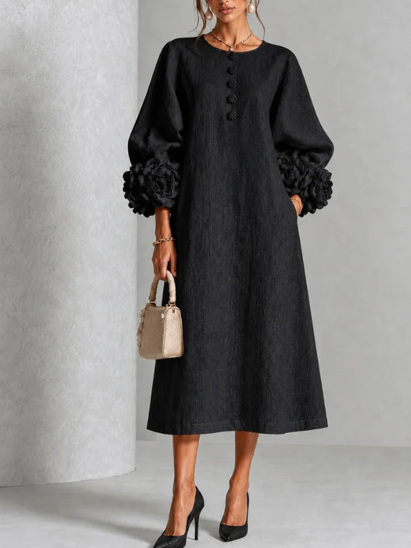 Elegant Floral Sleeve Cotton Linen Dress