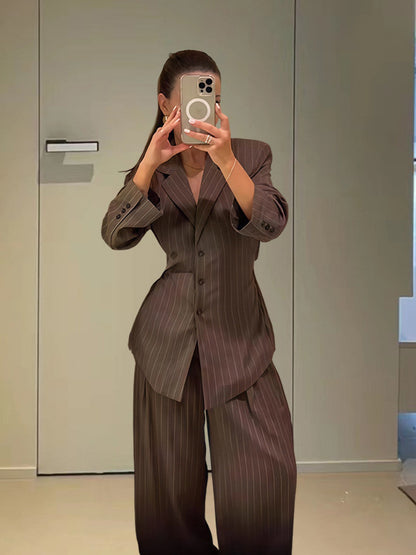 Striped Blazer and High-Waisted Pants Set