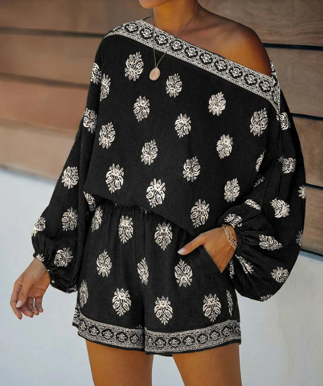 Bohemian Cross-Collar Lantern Sleeve Printed Jumpsuit