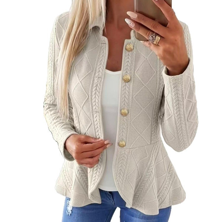 Women's Diamond Pattern Knit Cardigan with Ruffle Hem and Gold Buttons