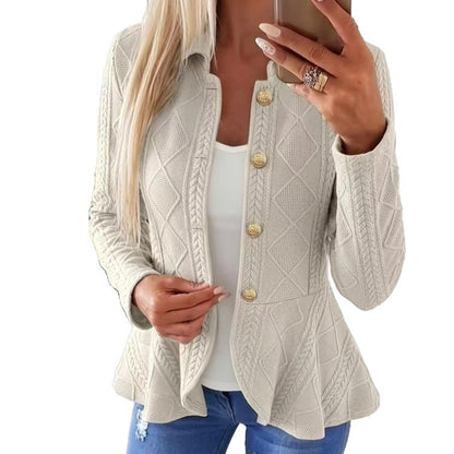 Women's Diamond Pattern Knit Cardigan with Ruffle Hem and Gold Buttons