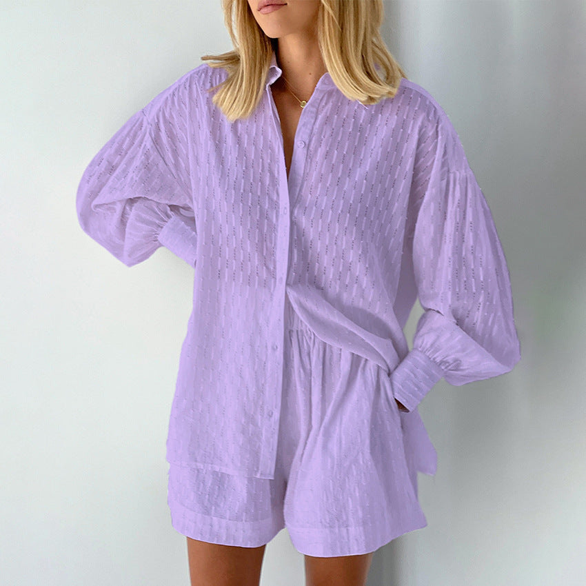 Dames jacquard blouse met lange pofmouwen en bijpassende shorts