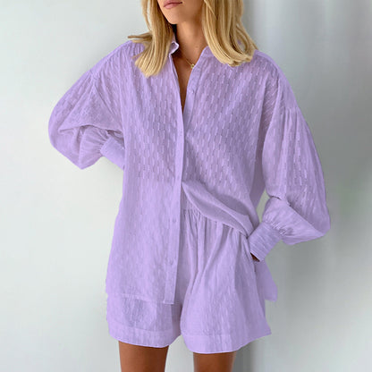 Dames jacquard blouse met lange pofmouwen en bijpassende shorts