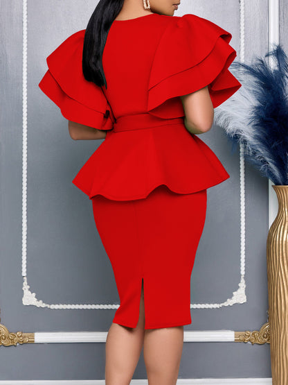 Elegant dress with lotus-leaf trim and solid color