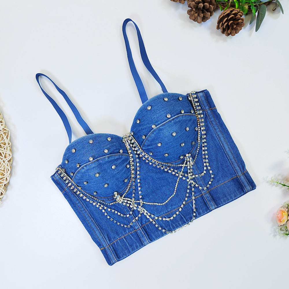 Fishbone Waistband Tube Top Rhinestone Chain Beaded Bustier Fashion Rock Denim Strap Outerwear Wrap Top