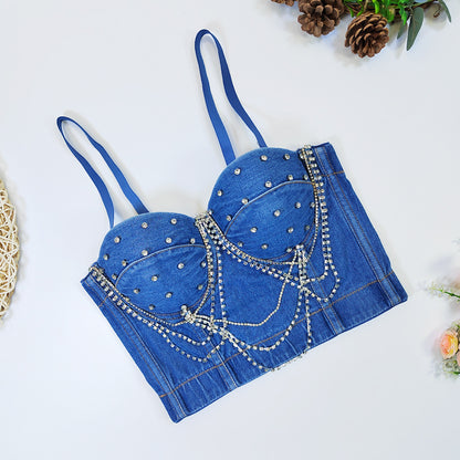 Fishbone Waistband Tube Top Rhinestone Chain Beaded Bustier Fashion Rock Denim Strap Outerwear Wrap Top