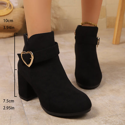 Women's Heart Metal Buckle Suede Mid-Heel Short Boots with Side Zipper